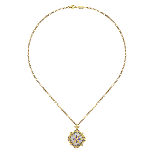 18K Yellow Gold Round Amethyst and Diamond Pendant Necklace
