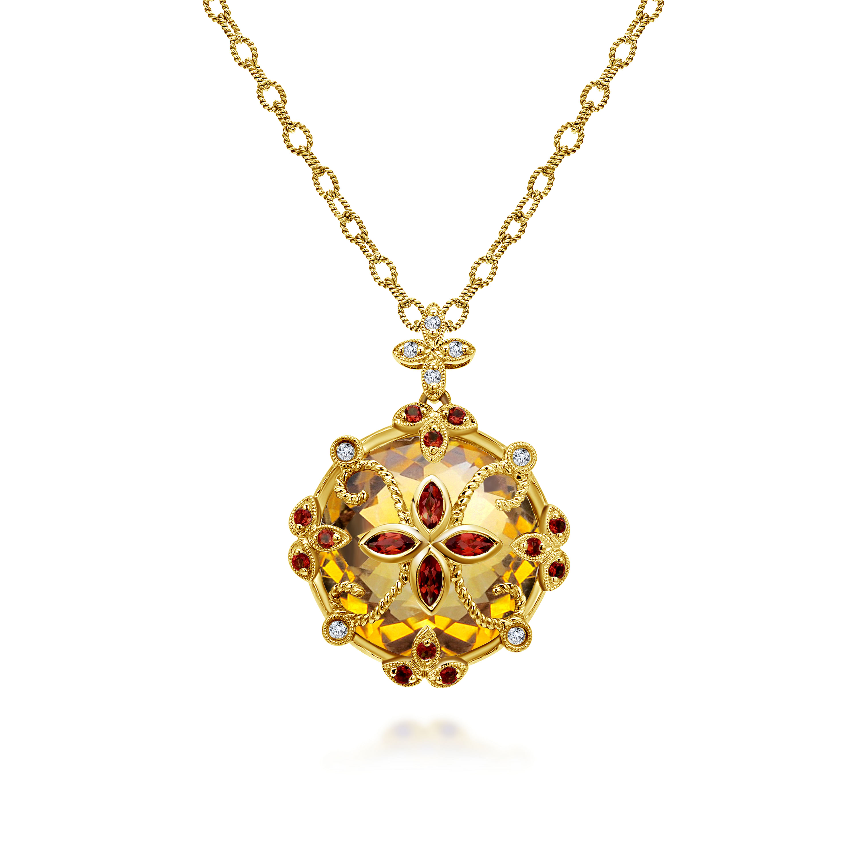 18K Yellow Gold Round Citrine, Garnet and Diamond Pendant Necklace