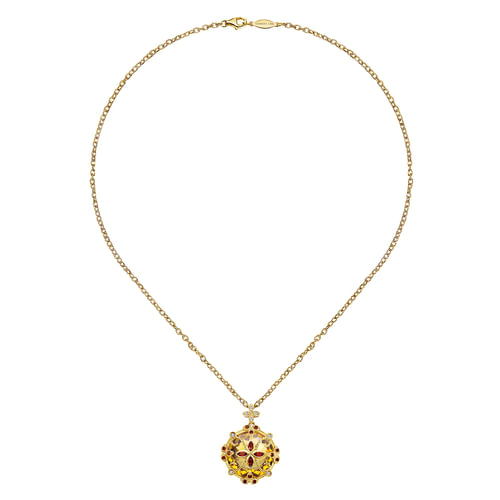 18K Yellow Gold Round Citrine, Garnet and Diamond Pendant Necklace