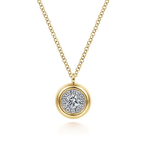 18K Yellow Gold Round Diamond Halo Pendant Necklace with Bezel Frame