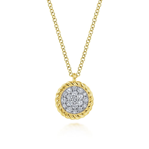 18K Yellow Gold Round Diamond Pavé Pendant Necklace with Twisted Rope Frame