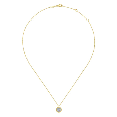 18K Yellow Gold Round Diamond Pavé Pendant Necklace with Twisted Rope Frame