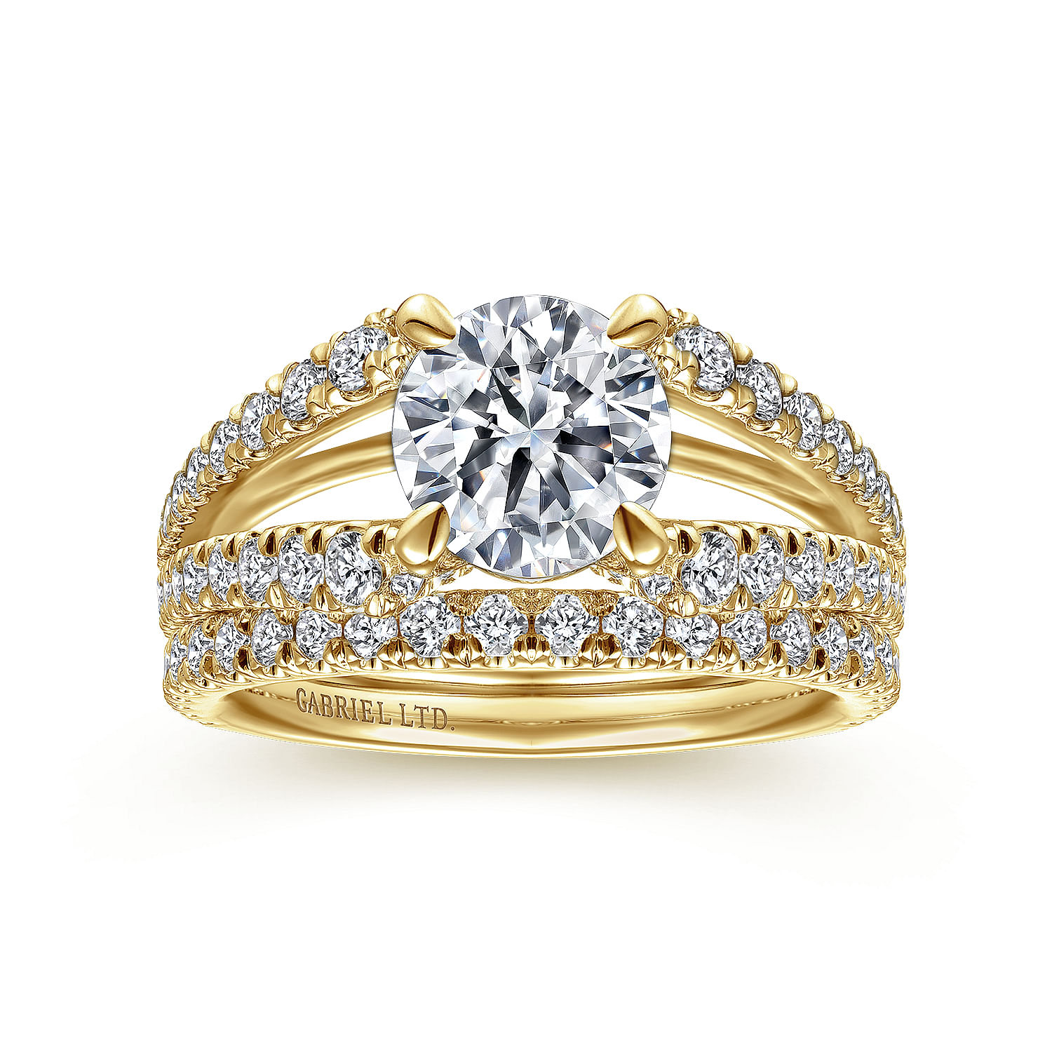 18K Yellow Gold Round Diamond Split Shank Engagement Ring