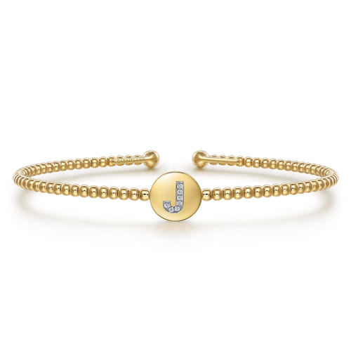18K Yellow Gold Round J Initial Diamond Bujukan Cuff Bracelet 18K Yellow Gold Round J Initial Diamond Bujukan Cuff Bracelet