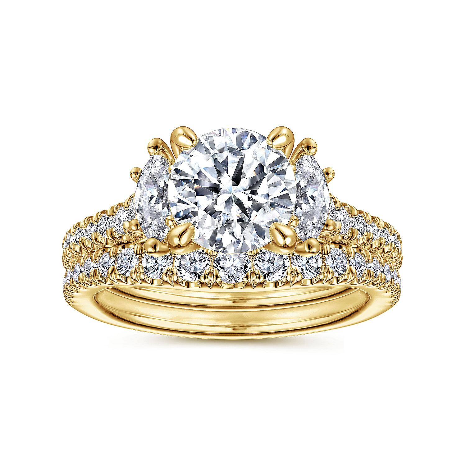 18K Yellow Gold Round Three Stone Diamond Engagement Ring