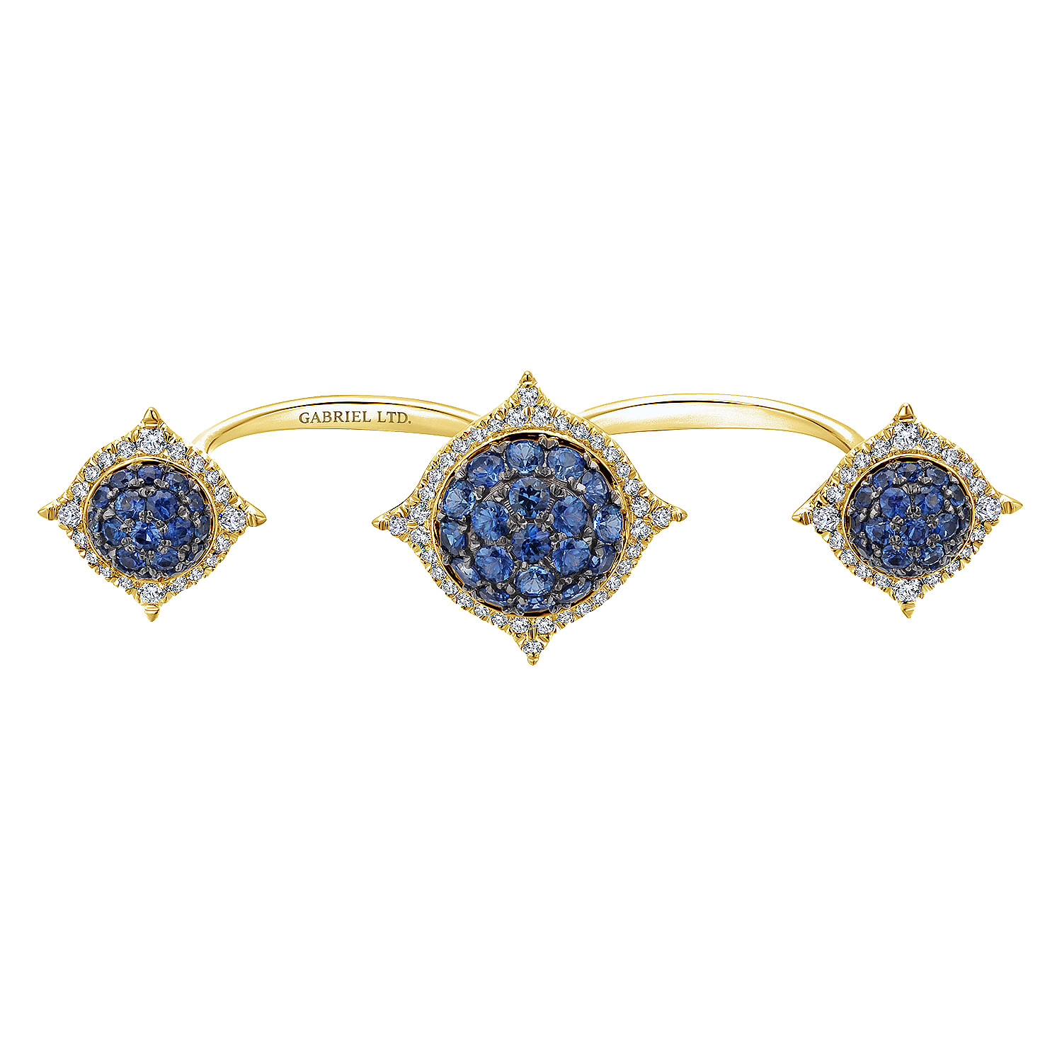 18K Yellow Gold Sapphire Cluster Double Finger Ring with Diamond Halos