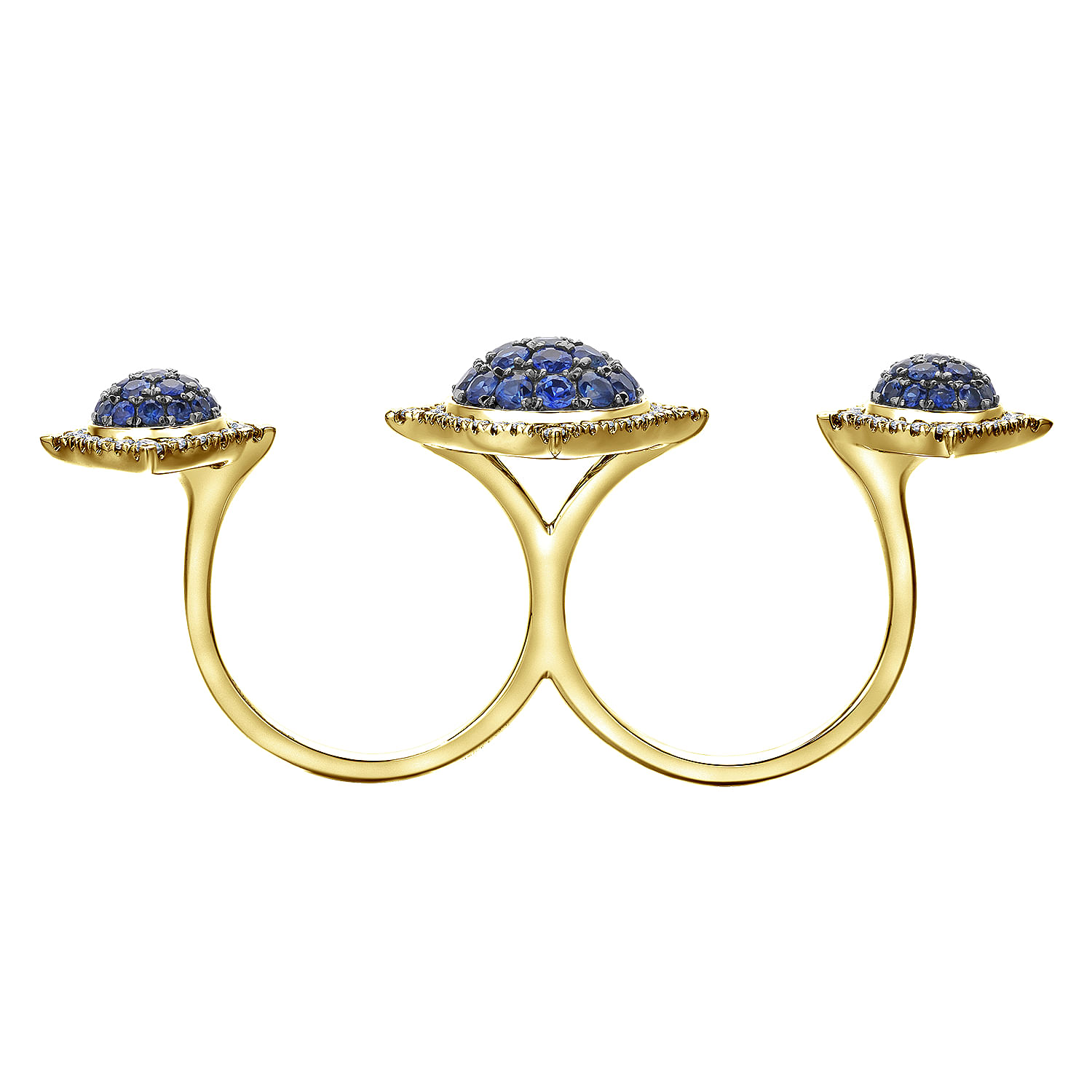 18K Yellow Gold Sapphire Cluster Double Finger Ring with Diamond Halos
