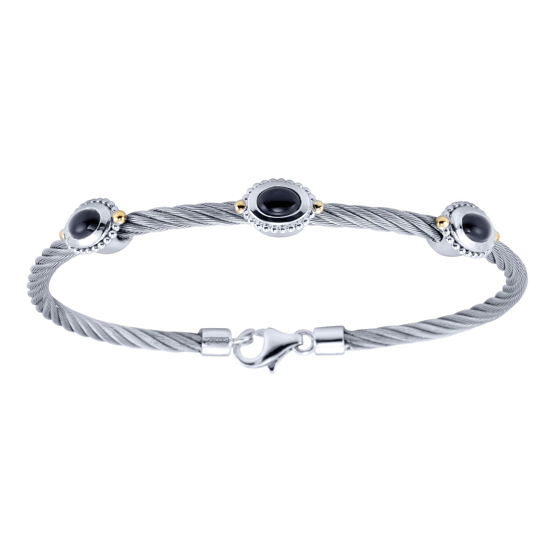 18K Yellow Gold-Silver-Stainless Steel Twisted Cable Bangle with 3 Oval Black Enamel Stations