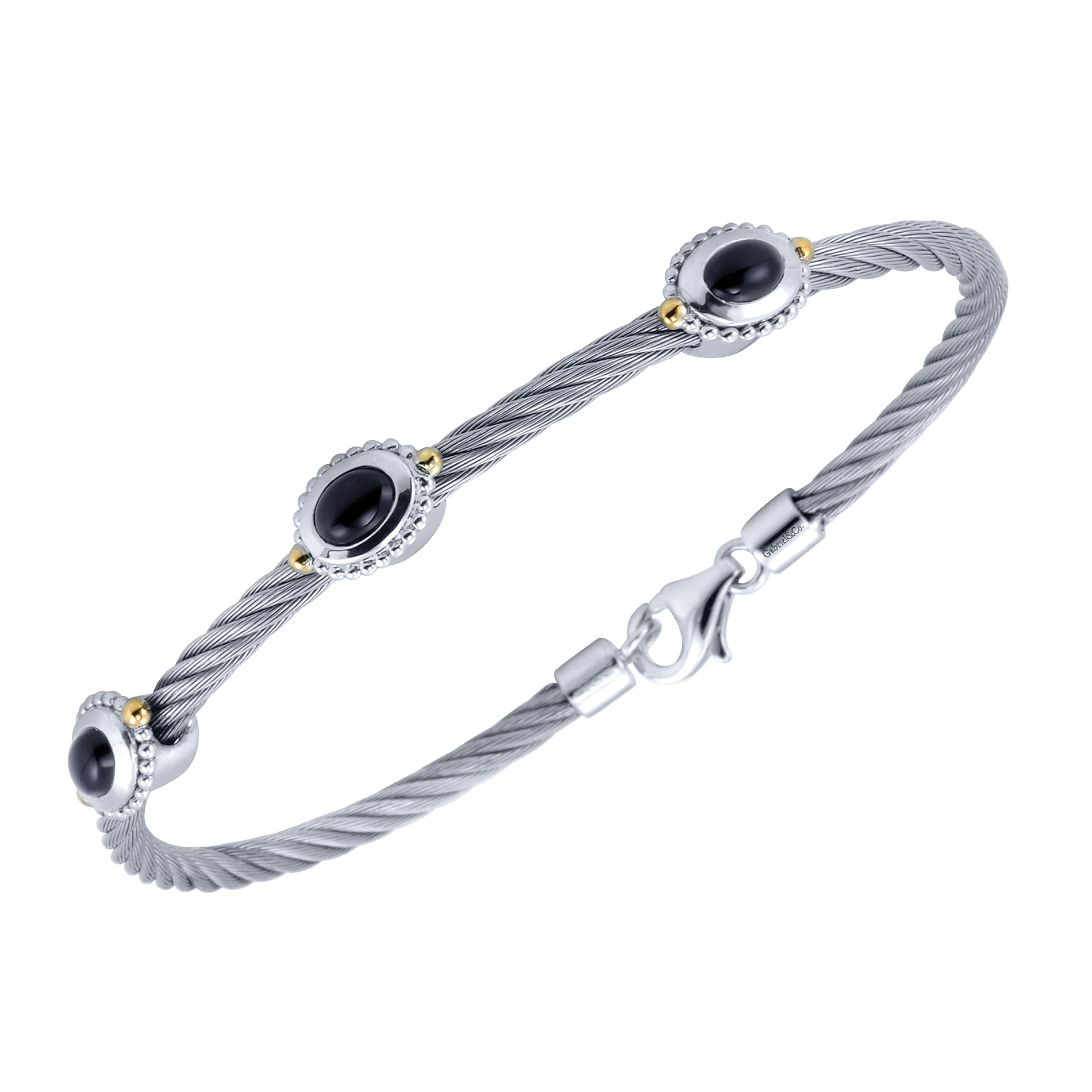 18K Yellow Gold-Silver-Stainless Steel Twisted Cable Bangle with 3 Oval Black Enamel Stations
