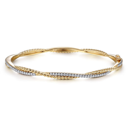 18K Yellow Gold Twisted Rope and Diamond Bangle