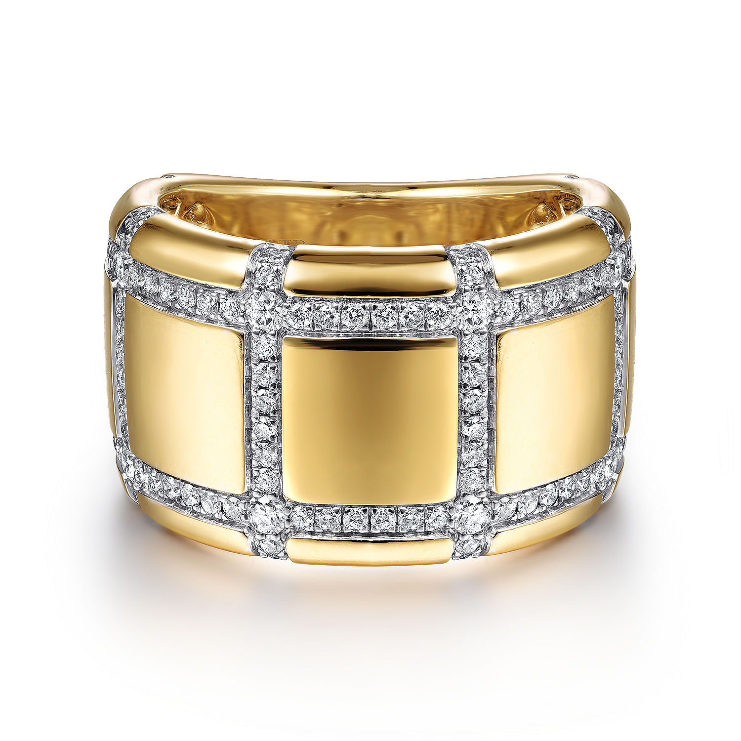 18K Yellow Gold Wide Band Ring with Checkered Diamond Pattern