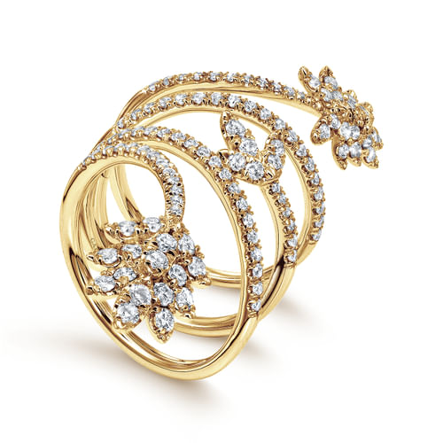 18K Yellow Gold Wide Diamond Leaf Statement Wrap Ring