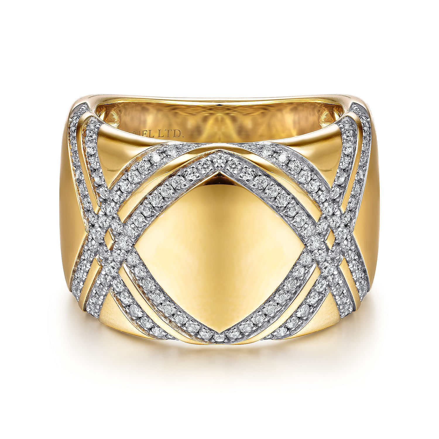 Gabriel - 18K Yellow Gold Wide Diamond Ring with Diamond Criss Crossing Rows