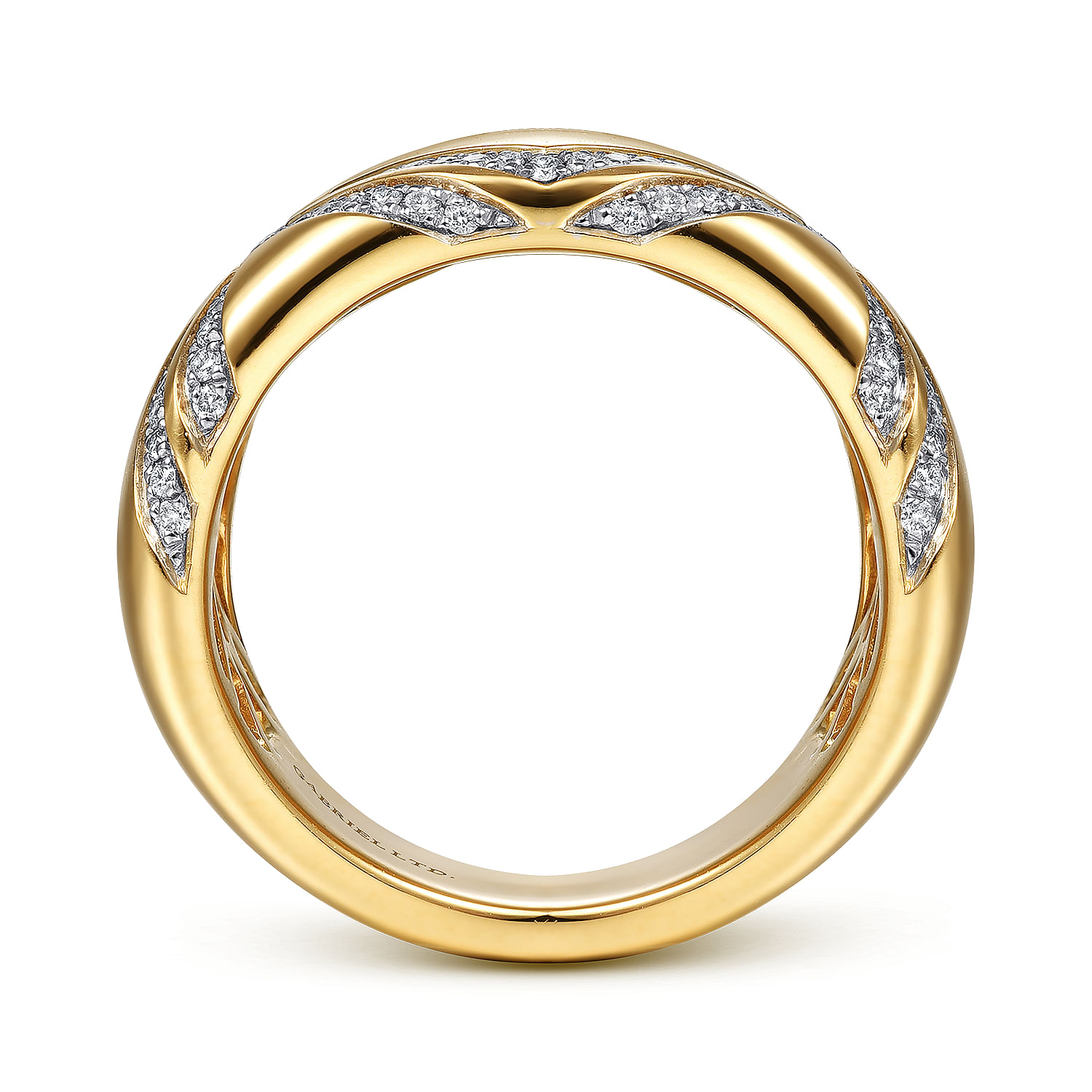 18K Yellow Gold Wide Diamond Ring with Diamond Criss Crossing Rows