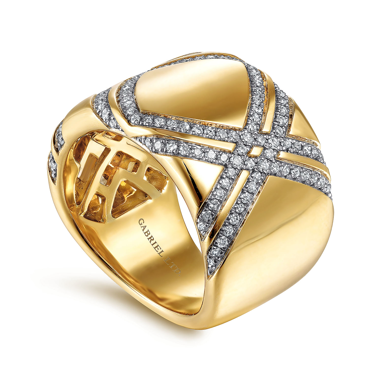18K Yellow Gold Wide Diamond Ring with Diamond Criss Crossing Rows