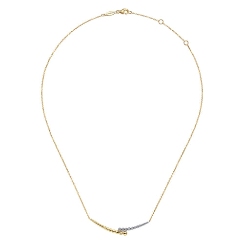 18K Yellow-White Gold Diamond By-Pass and Bujukan Bead Curved Bar Necklace with Butter Cup Setting 