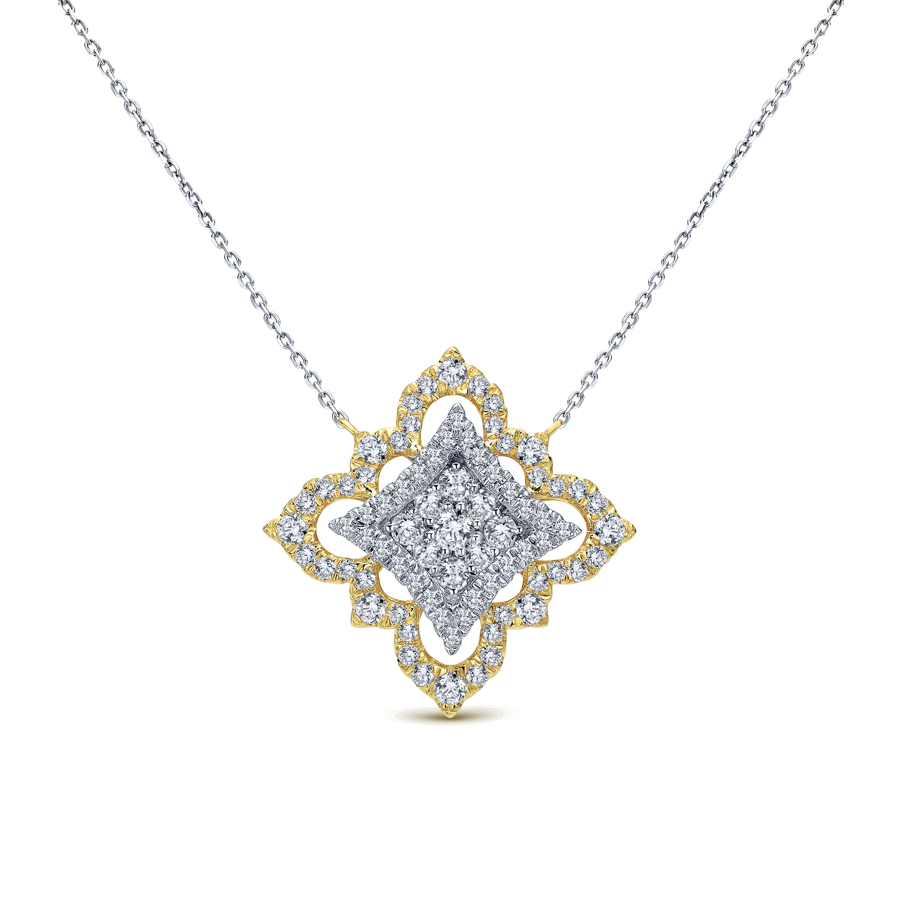 18K Yellow White Gold Pavé Diamond Floral Pendant Necklace