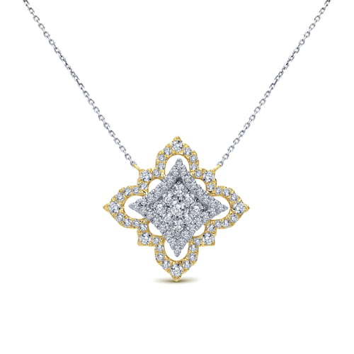 18K Yellow White Gold Pavé Diamond Floral Pendant Necklace 18K Yellow White Gold Pavé Diamond Floral Pendant Necklace