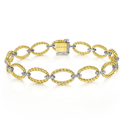 18K Yellow-White Gold Twisted Rope Oval Link Bracelet with Diamond Connectors