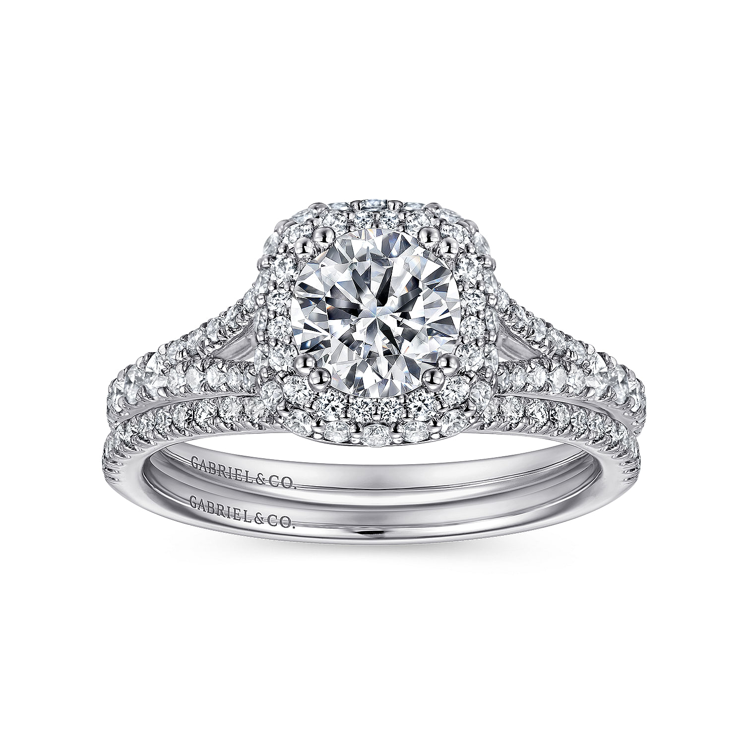 18k White Gold Cushion Double Halo Round Diamond Engagement Ring