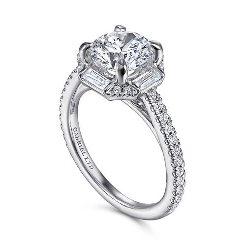 18k White Gold Octagonal Halo Round Diamond Engagement Ring