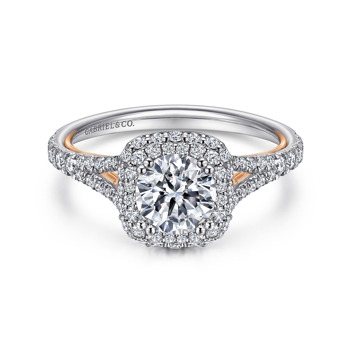 18k White-Rose Gold Cushion Double Halo Round Diamond Engagement Ring