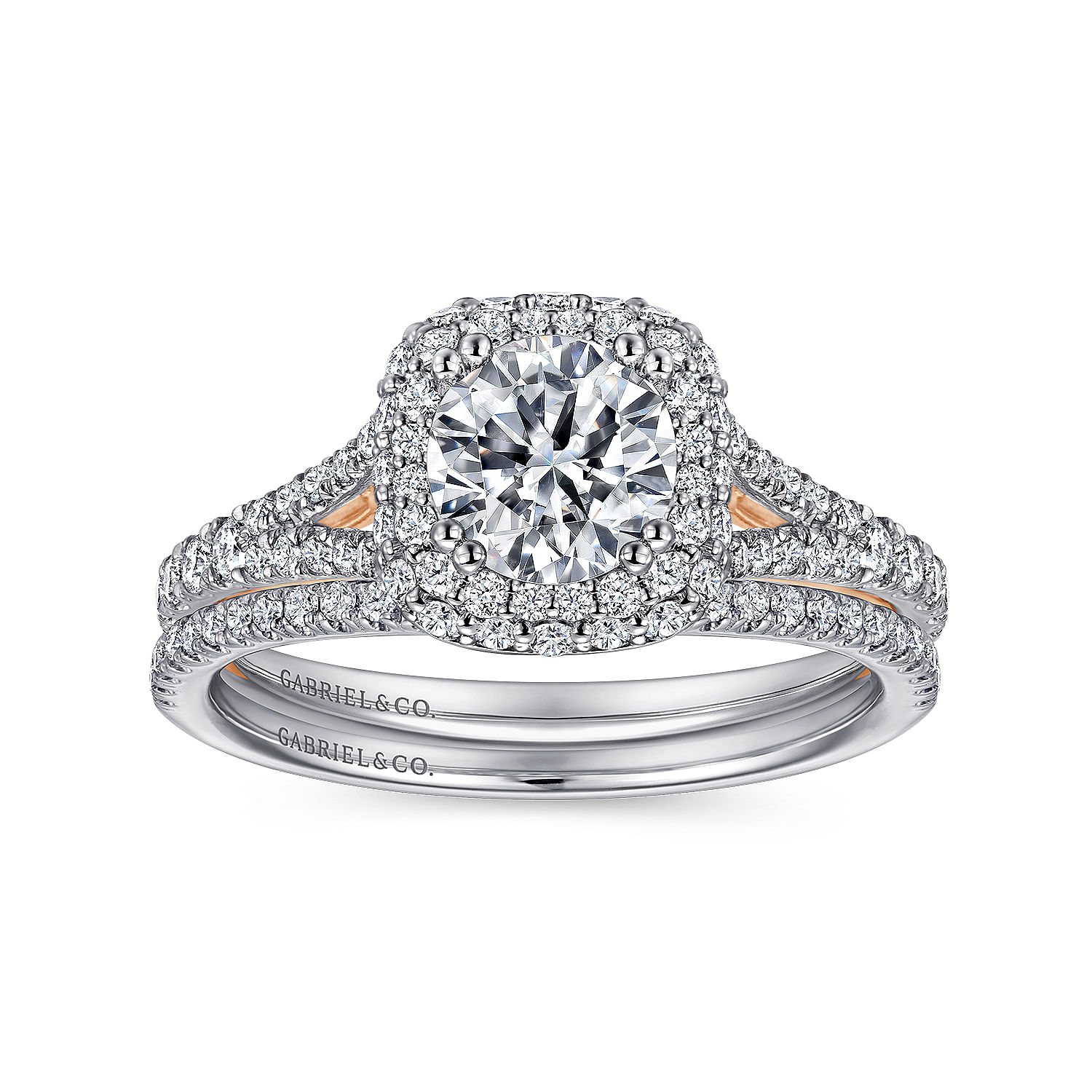 18k White-Rose Gold Cushion Double Halo Round Diamond Engagement Ring