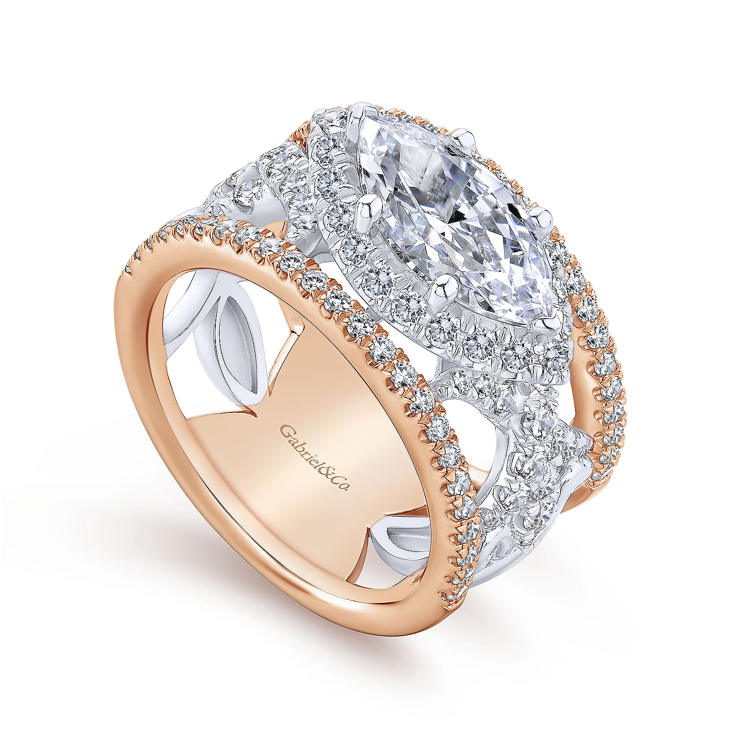 18k White-Rose Gold Horizontal Marquise Halo Wide Band Diamond