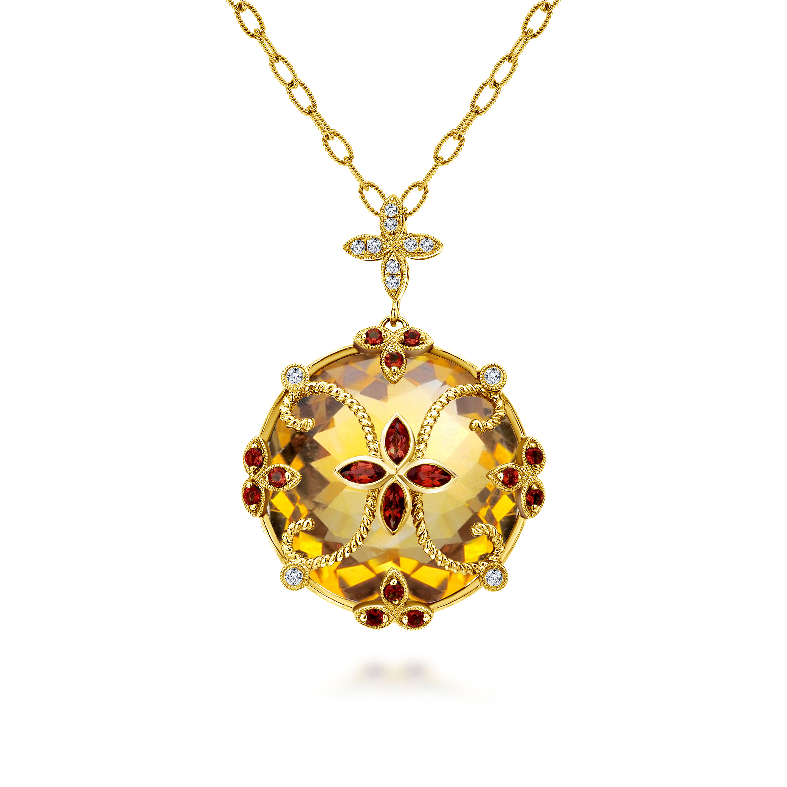 19 inch 18K Yellow Gold Citrine, Garnet and Diamond Round Pendant Necklace