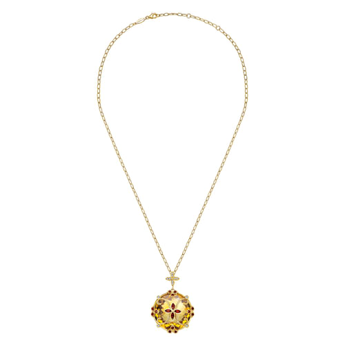 19 inch 18K Yellow Gold Citrine, Garnet and Diamond Round Pendant Necklace