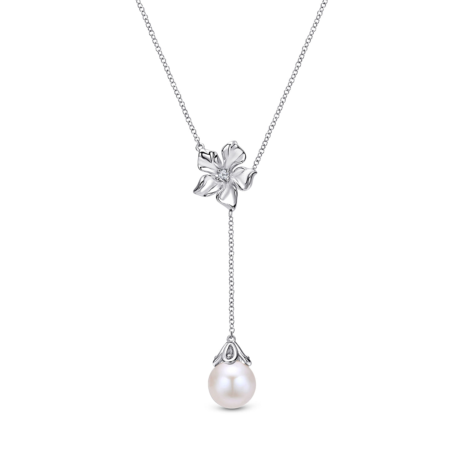 20 inch 925 Sterling Silver Floral White Sapphire and Pearl Y Necklace