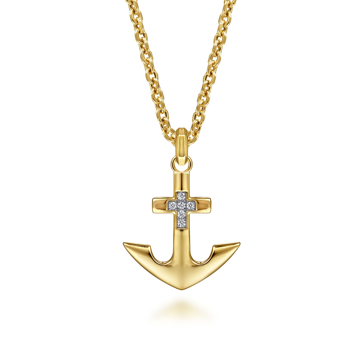 Gabriel - 22 Inch 14K Yellow Gold Wheat Chain and Diamond Anchor Pendant Necklace