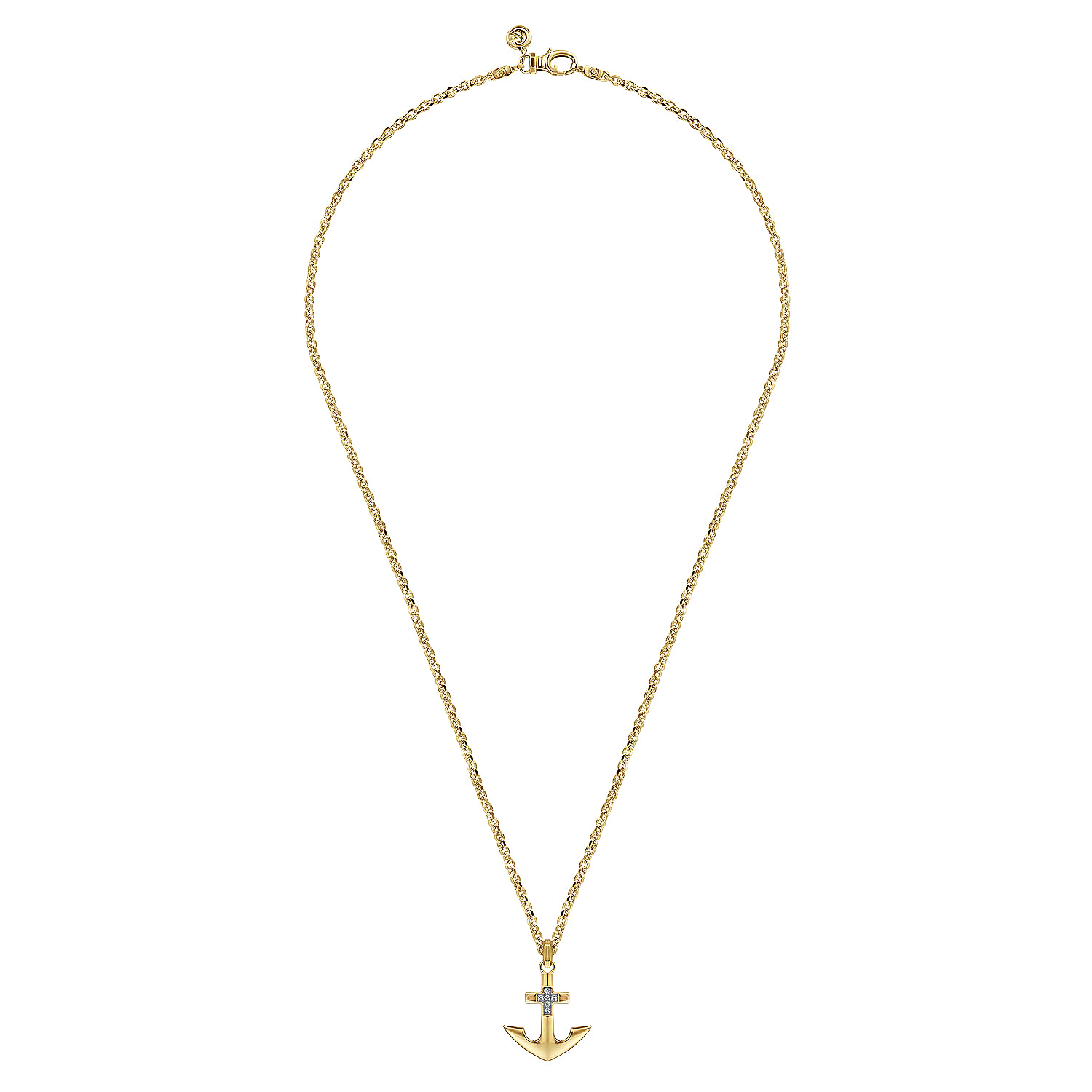 22 Inch 14K Yellow Gold Wheat Chain and Diamond Anchor Pendant Necklace