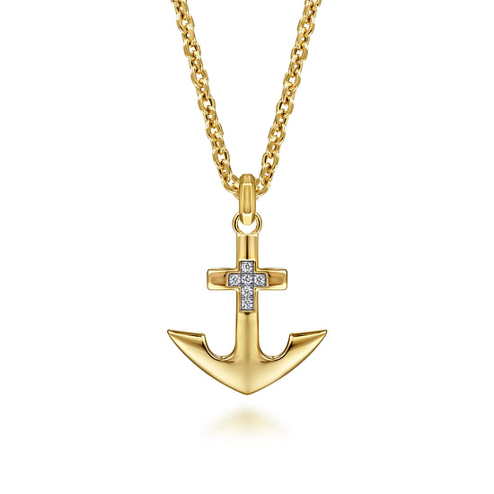 Gabriel - 22 Inch 14K Yellow Gold Wheat Diamond Anchor Pendant Necklace