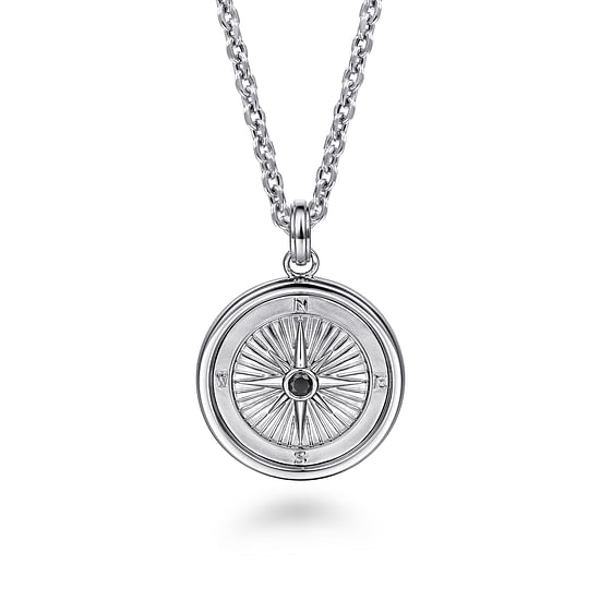 Gabriel - 22 Inch 925 Sterling Silver Black Spinel Compass Pendant Necklace