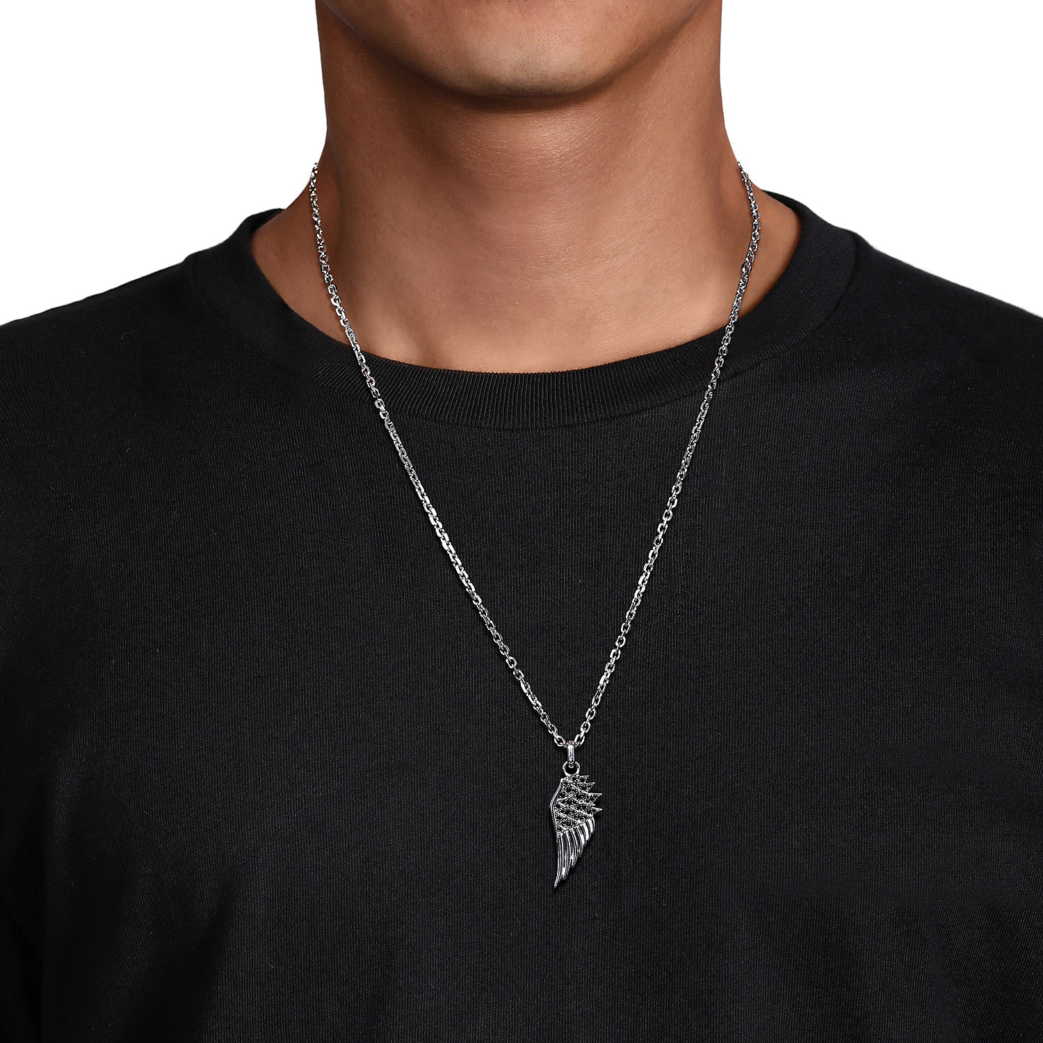 22 Inch 925 Sterling Silver Black Spinel Wing Solid Mens Link Chain Necklace