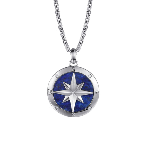 22 Inch 925 Sterling Silver Diamond and Lapis Compass Pendant Necklace