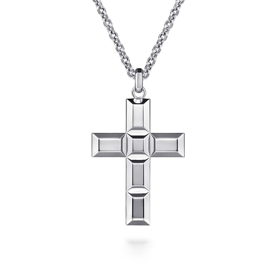 Gabriel - 22 Inch 925 Sterling Silver Geometric Cross Pendant Necklace