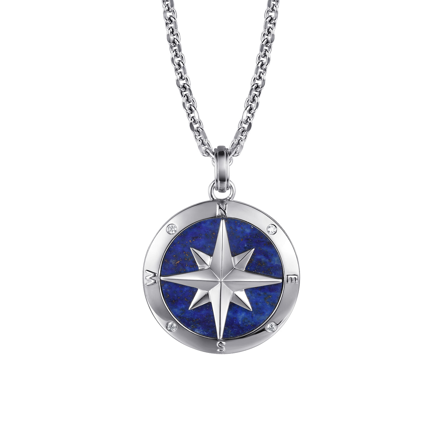 22 Inch 925 Sterling Silver Round Compass with Lapis Slab and Diamond Solid Mens Link Chain Necklace