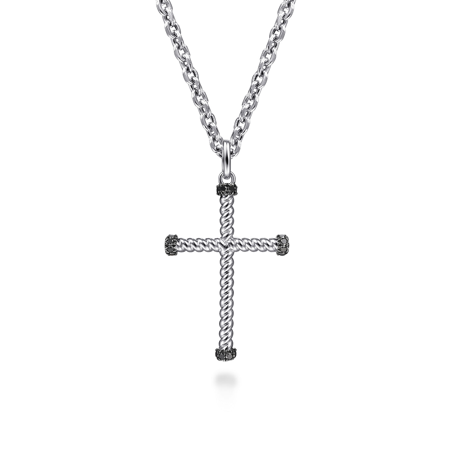 Gabriel - 22 Inch 925 Sterling Silver Twisted Rope Cross Link Chain Necklace with Black Spinel