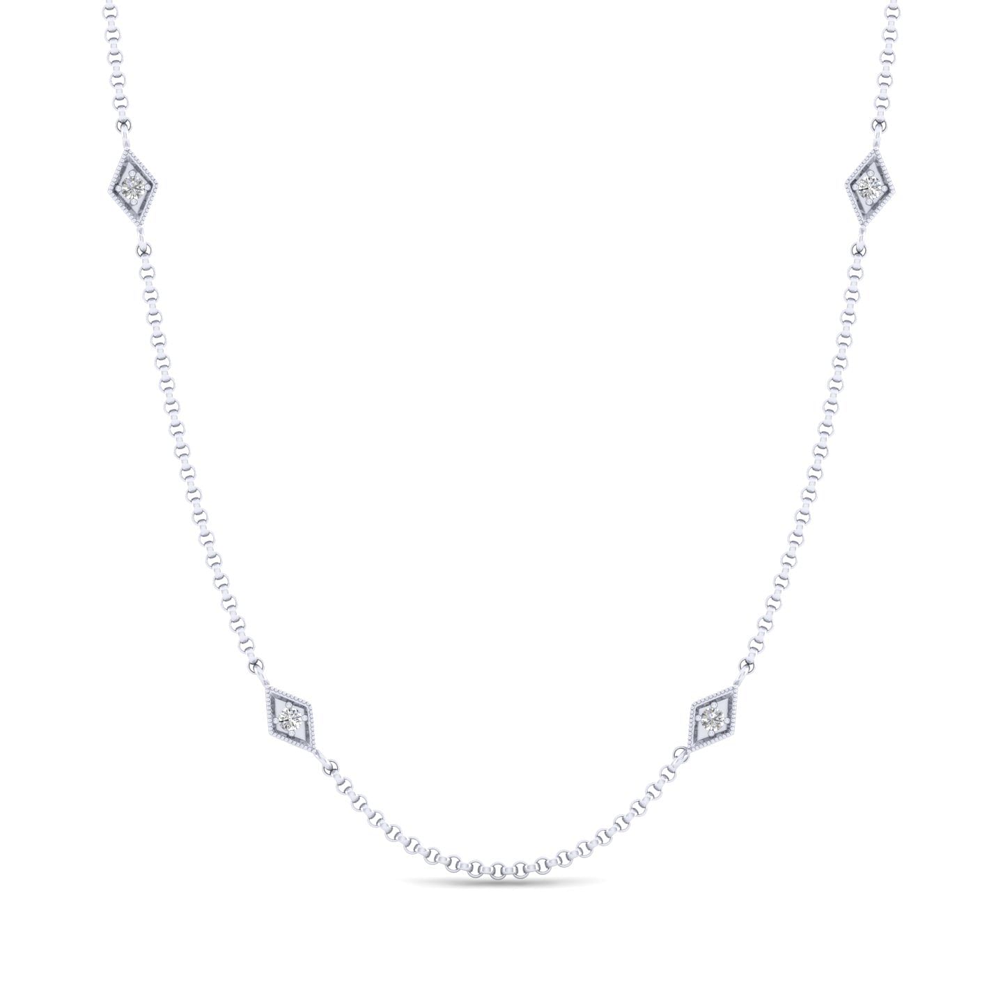 24 Inch 14K White Gold Rhombus Station Necklace with Diamonds