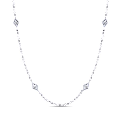 24 Inch 14K White Gold Rhombus Station Necklace with Diamonds