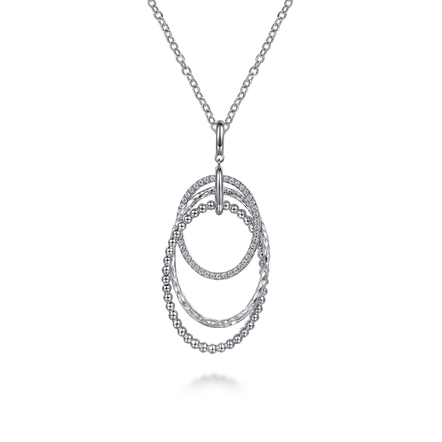 24 Inch 925 Sterling Silver White Sapphire Layered Ovals Pendant Necklace