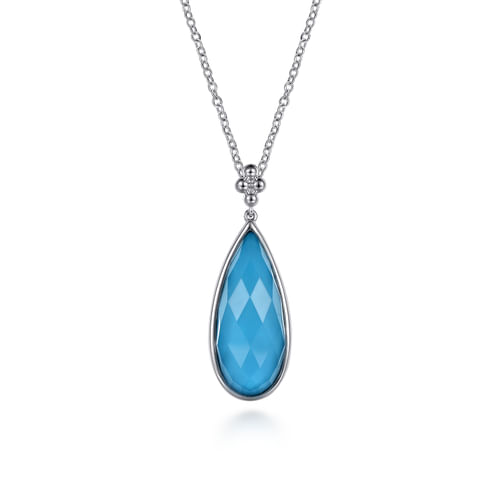 24 inch 925 Sterling Silver Faceted Rock Crystal & Turquoise Doublet Bujukan Teardrop Necklace