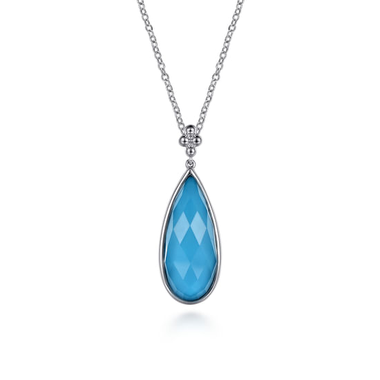 Gabriel - 24 inch 925 Sterling Silver Faceted Rock Crystal & Turquoise Doublet Bujukan Teardrop Necklace