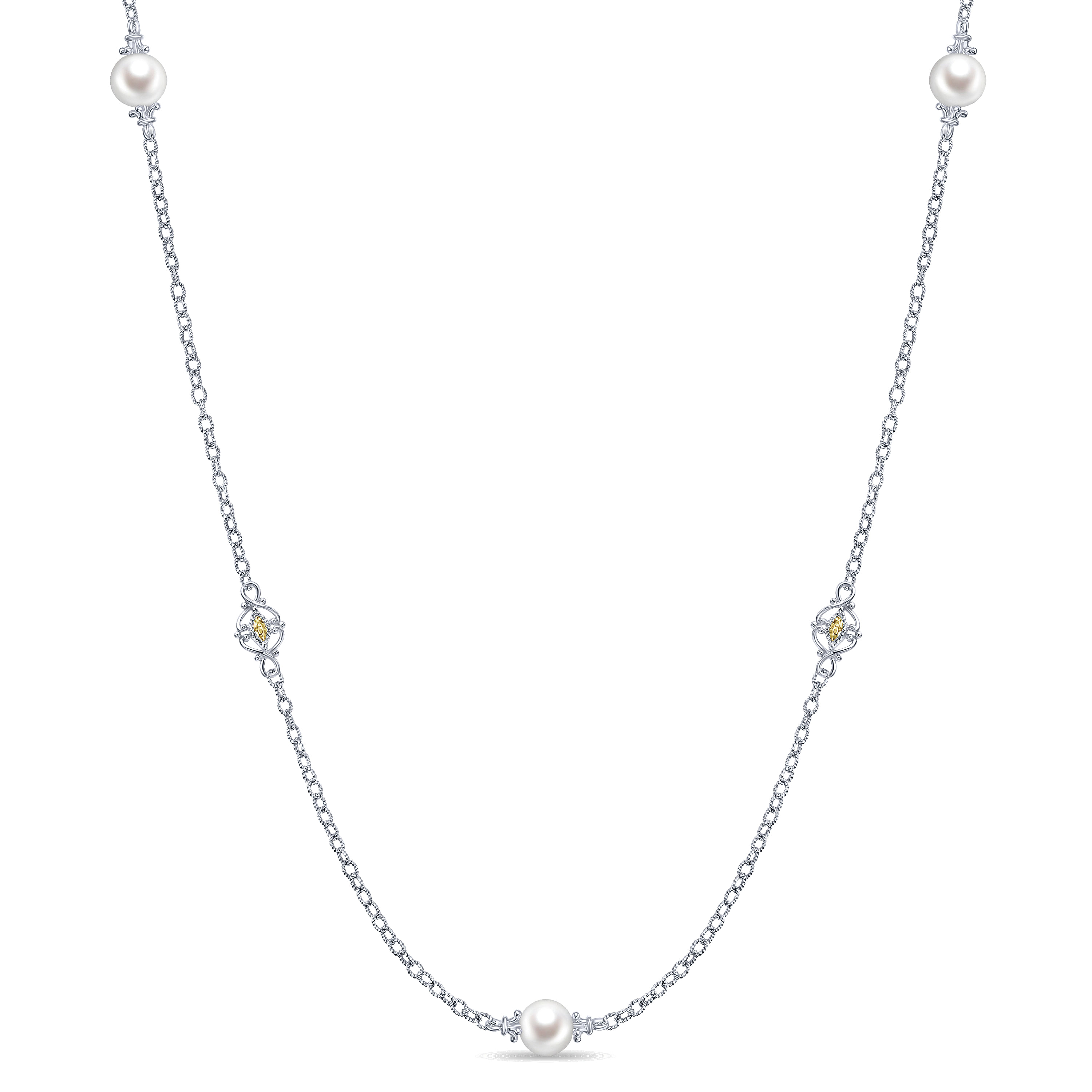 24 inch 925 Sterling Silver and 18K Yellow Gold Cultured Pearl and Filigree Station Necklace