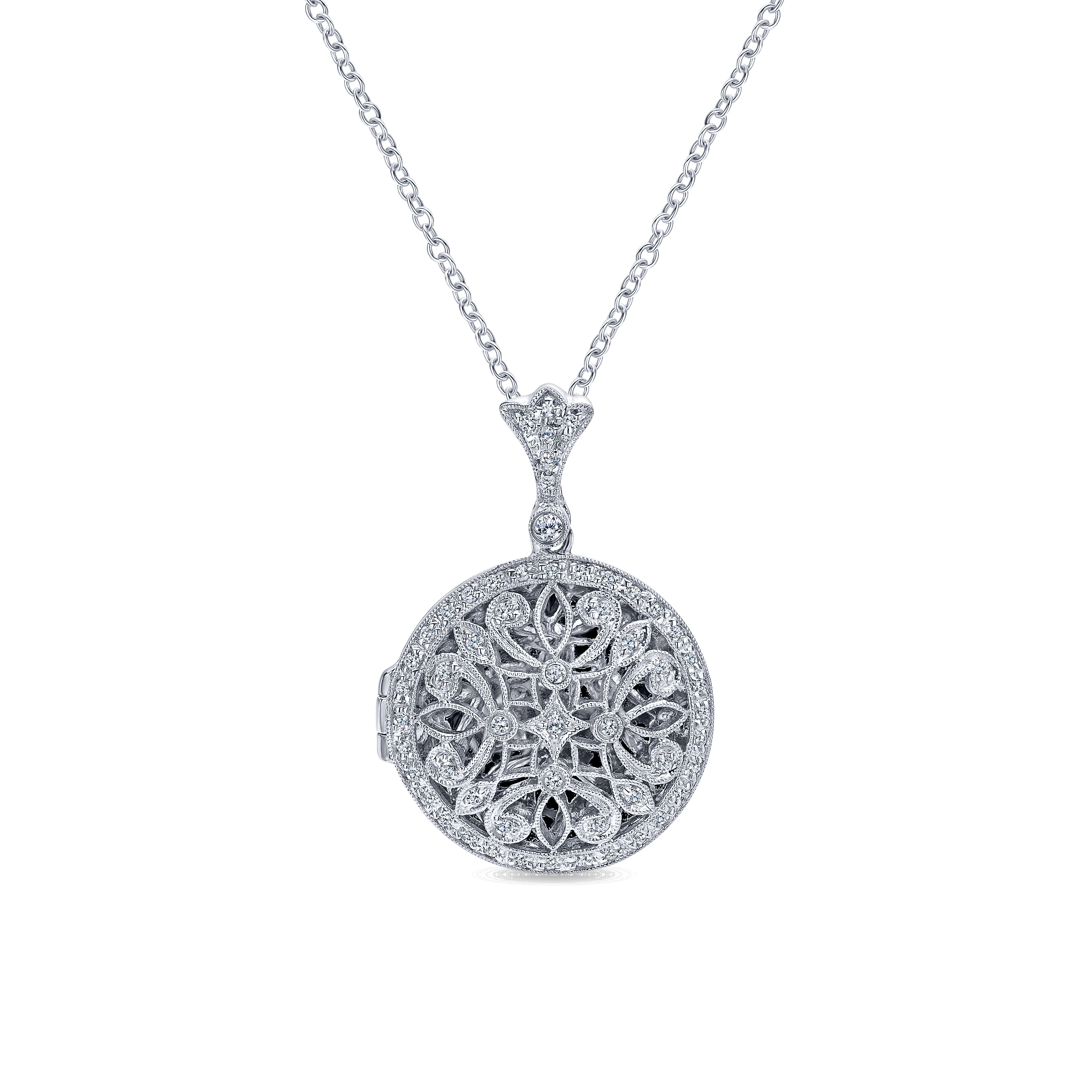 24 inch Vintage Inspired 14K White Gold Filigree Diamond Locket Necklace