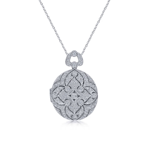 24 inch Vintage Inspired 14K White Gold Round Filigree Diamond Locket Necklace