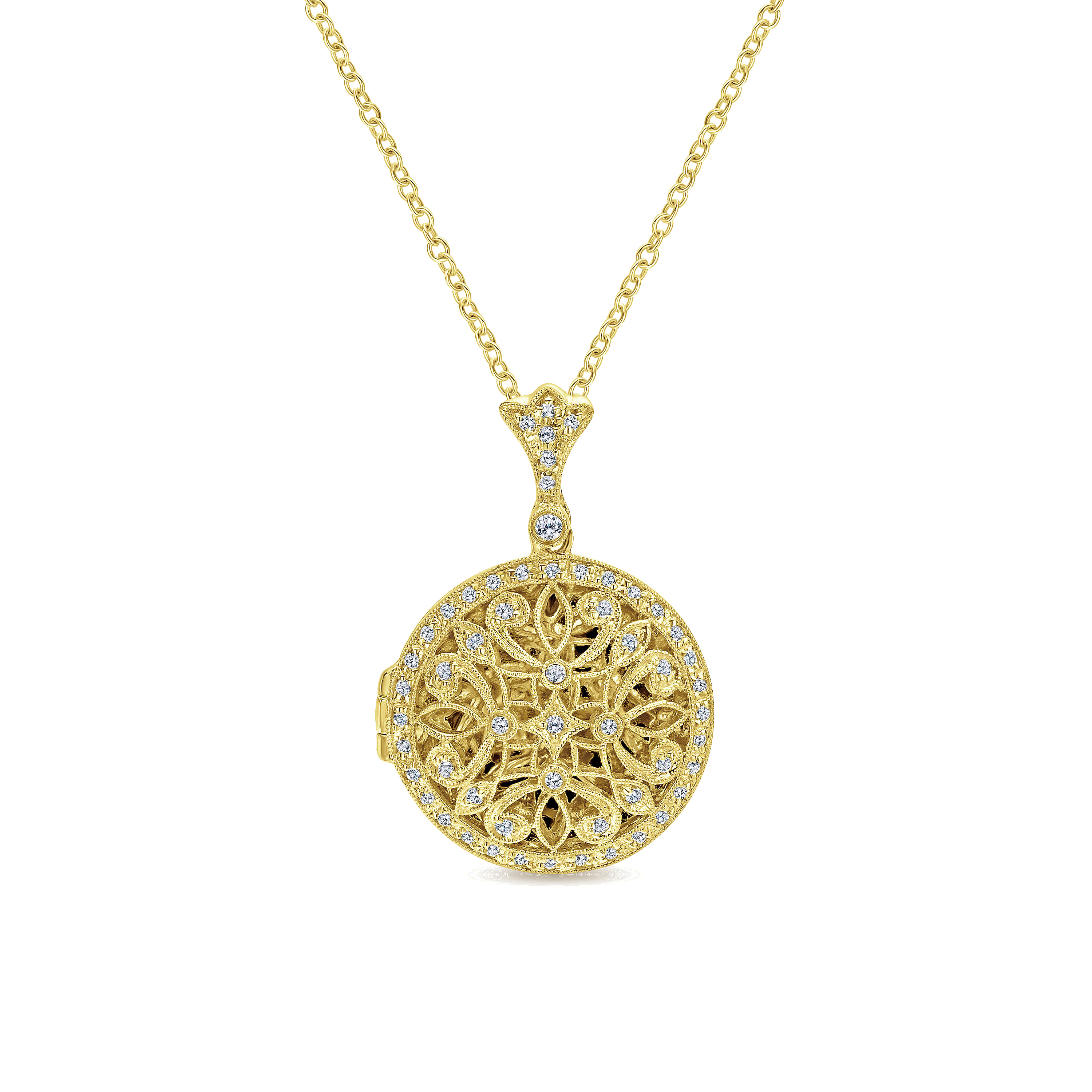 24 inch Vintage Inspired 14K Yellow Gold Filigree Diamond Locket Necklace