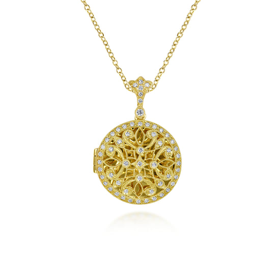 24 inch Vintage Inspired 14K Yellow Gold Filigree Diamond Locket Necklace 24 inch Vintage Inspired 14K Yellow Gold Filigree Diamond Locket Necklace